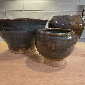 Handmade Pottery Bowl Brown Blue Iridescent Drip Glaze Artist‎ Signed Set of 3